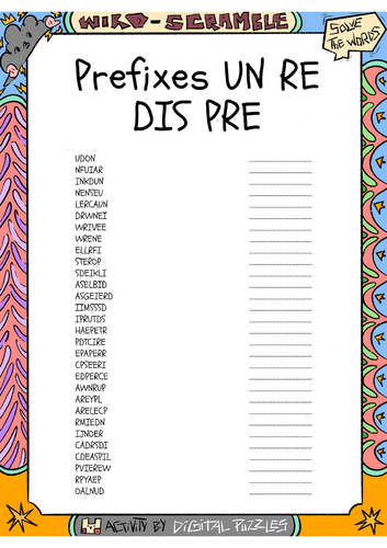 Prefixes UN RE DIS PRE Word scramble Puzzle Worksheet Activity