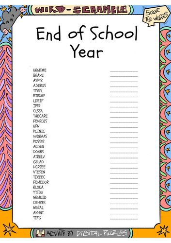 End of School Year Word scramble Puzzle Worksheet Activity