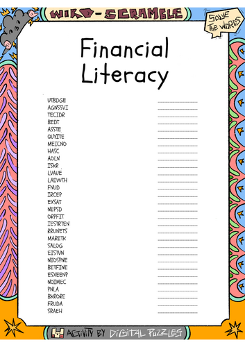 Financial Literacy Word scramble Puzzle Worksheet Activity