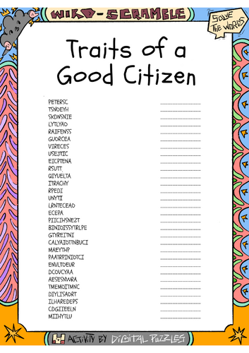 Traits of a Good Citizen Word scramble Puzzle Worksheet Activity