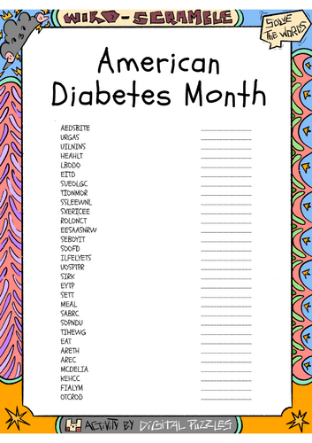 American Diabetes Month Word scramble Puzzle Worksheet Activity