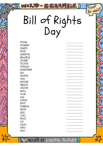 Bill of Rights Day Word scramble Puzzle Worksheet Activity