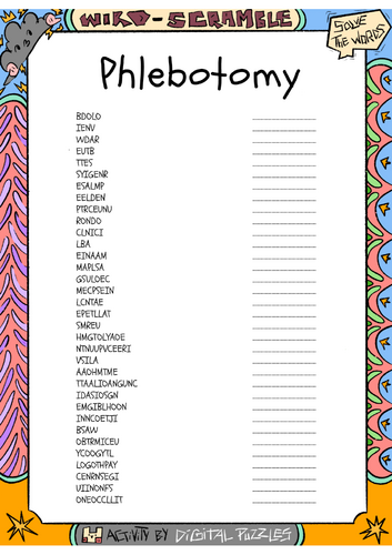 Phlebotomy Word scramble Puzzle Worksheet Activity