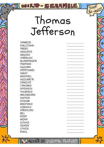 Thomas Jefferson Word scramble Puzzle Worksheet Activity