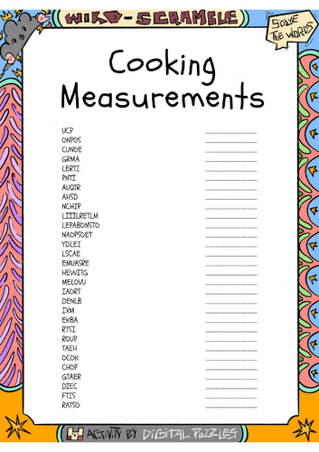 Cooking Measurements Word scramble Puzzle Worksheet Activity