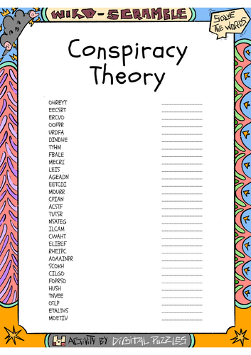 Conspiracy Theory Word scramble Puzzle Worksheet Activity