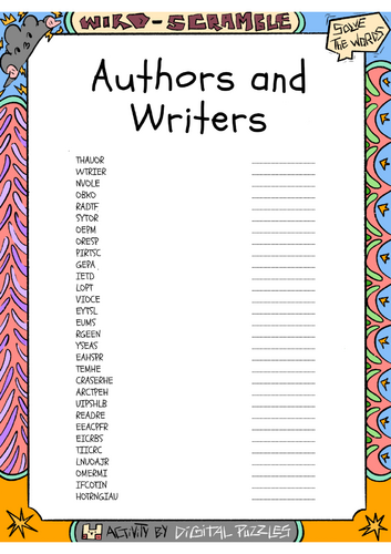 Authors and Writers Word scramble Puzzle Worksheet Activity