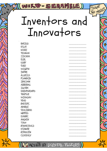 Inventors and Innovators Word scramble Puzzle Worksheet Activity