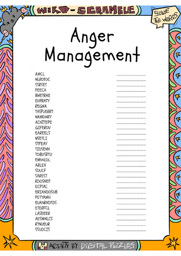 Anger Management Word scramble Puzzle Worksheet Activity