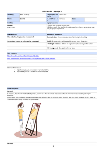 IBDP French B SL-Unit Plan-Identité- Que suis je?