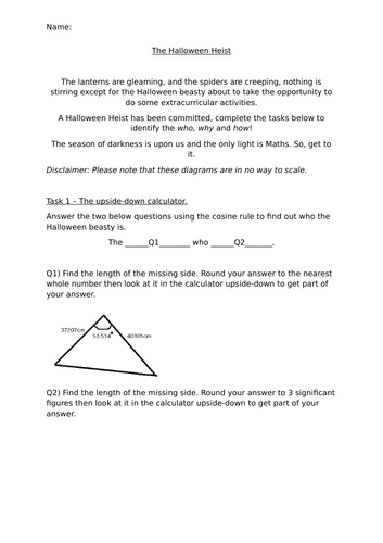 Area of Triangle and Cosine Rule Halloween Heist Activity