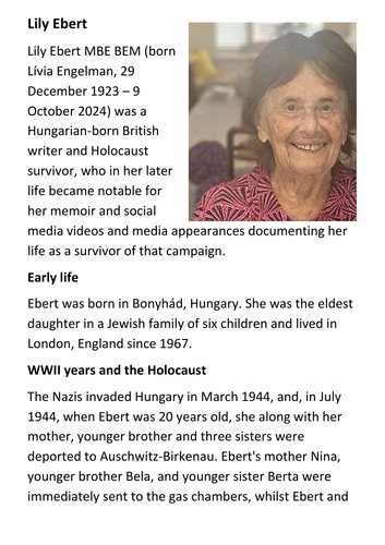 Lily Ebert Holocaust Survivor Handout