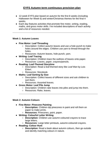 12 Weeks of Continuous Provision Planning for the Autumn Term