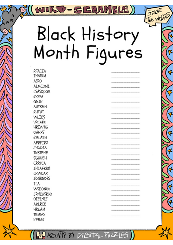 Black History Month Figures word scramble puzzle worksheet activity