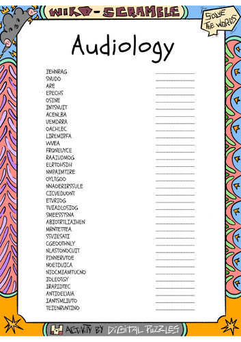 Audiology word scramble puzzle worksheet activity