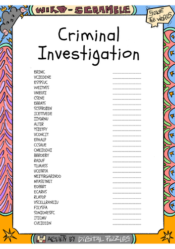 Criminal Investigation word scramble puzzle worksheet activity