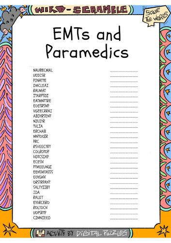 EMTs and Paramedics word scramble puzzle worksheet activity