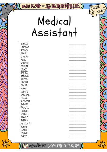 Medical Assistant word scramble puzzle worksheet activity