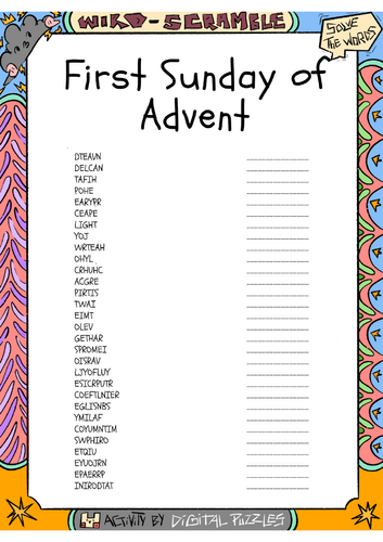 First Sunday of Advent word scramble puzzle worksheet activity