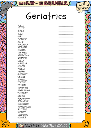 Geriatrics word scramble puzzle worksheet activity