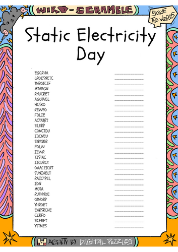 Static Electricity Day word scramble puzzle worksheet activity