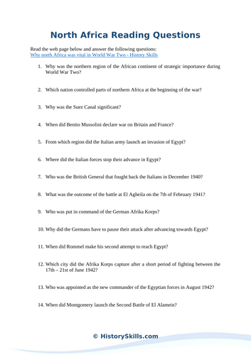 WWII North Africa Campaign Reading Questions Worksheet