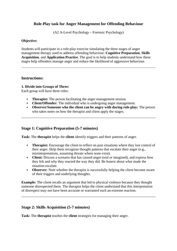 Role Play - Anger Management for offending behaviour (Forensic Psychology) for A-Level Psychology A2