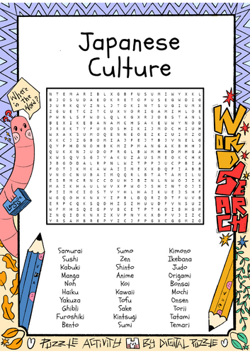 Japanese Culture word search puzzle worksheet activity