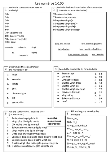 Les numéros 1-100 drilling worksheet- numbers in French