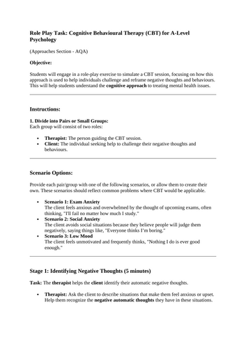 Role Play Task: Cognitive Behavioural Therapy (CBT) for A-Level Psychology (Approaches Section - AQA