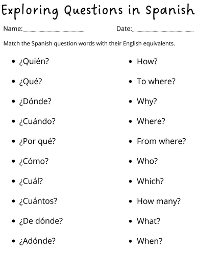 printable spanish question words worksheet for kids