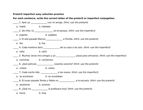 Preterit imperfect easy selection practice