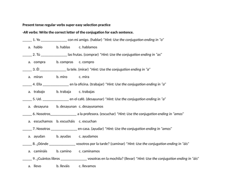 Present tense regular verbs super easy selection practice