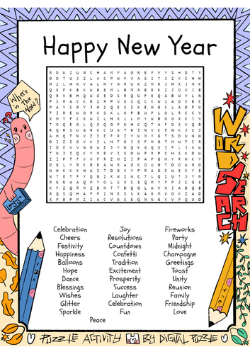 Happy New Year word search puzzle worksheet activity