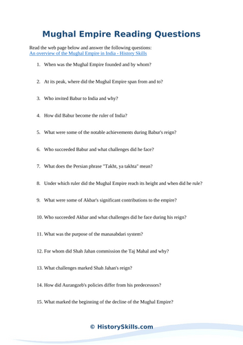 Mughal Empire Reading Questions Worksheet