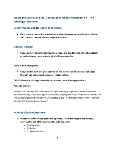 Where the Crawdads Sing - Comparative Modes Worksheet