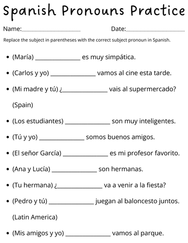 printable spanish pronoun worksheet