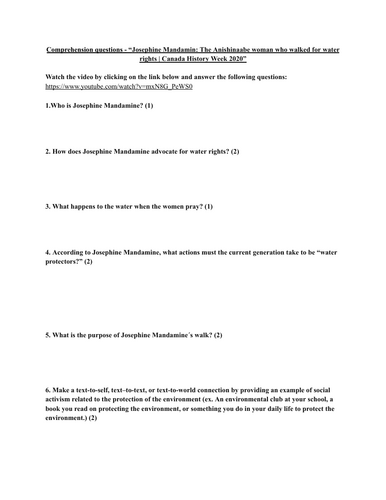 Worksheet - Josephine Mandamine Water Advocacy Questions