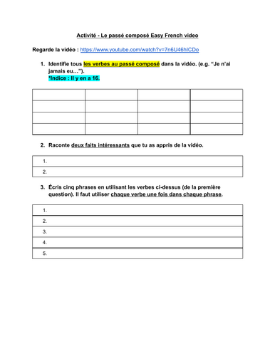 French listening comprehension activity - Le passé composé