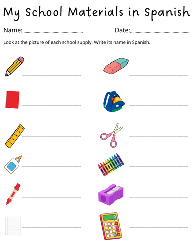 printable school supplies in spanish worksheet