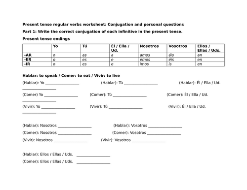 Present tense regular verbs worksheet: Conjugation and personal questions