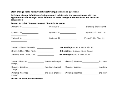 Stem change verbs review worksheet: Conjugations and questions