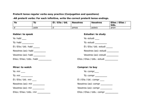 Preterit tense regular verbs easy practice (Conjugation and questions)