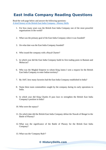 East India Company Reading Questions Worksheet