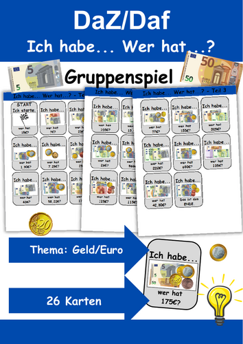 Ich habe, wer hat? Kartenspiel Thema: Geld (Euro)