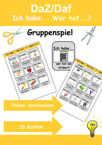 Ich habe, wer hat? Kartenspiel Thema: Schulsachen