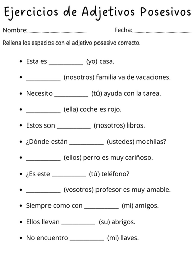 Ejercicios de Adjetivos Posesivos - possessive adjectives in spanish worksheet