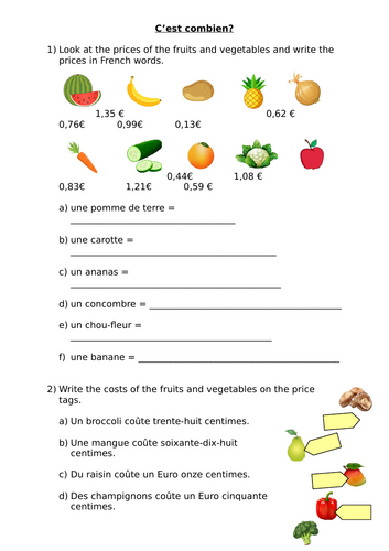 French - Prices of Fruits and Vegetables worksheet