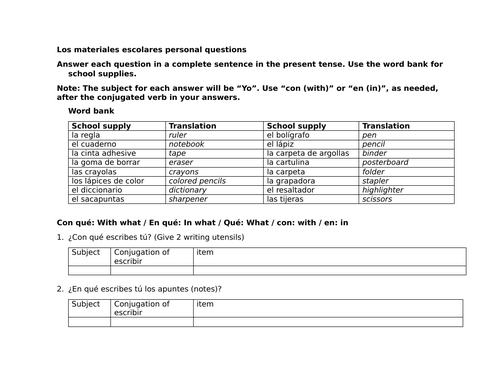 Los materiales escolares personal questions