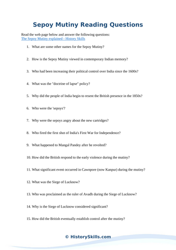 Sepoy Mutiny Reading Questions Worksheet